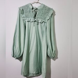 Umgee Sage Green Smocked Ruffle Tunic Dress Small Boho Prairie Cottagecore